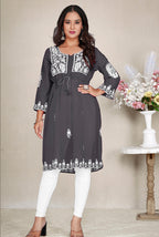 Monjolika Fashion Dark Grey Colour Embroidered Georgette Casual Kurti - Distacart