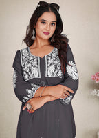 Monjolika Fashion Dark Grey Colour Embroidered Georgette Casual Kurti - Distacart