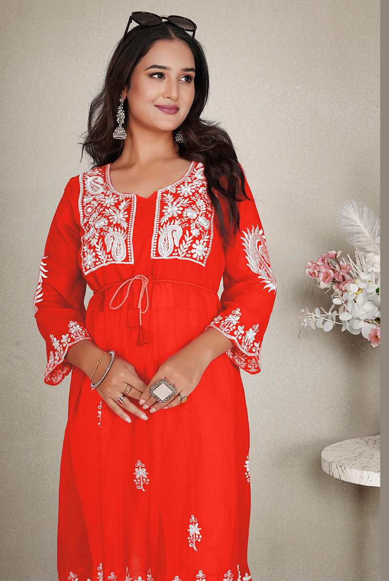 Monjolika Fashion Orange Colour Embroidered Georgette Casual Kurti - Distacart