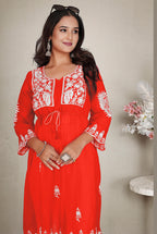 Monjolika Fashion Orange Colour Embroidered Georgette Casual Kurti - Distacart