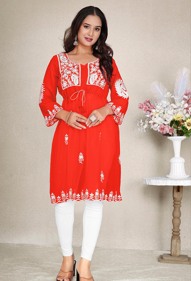 Monjolika Fashion Orange Colour Embroidered Georgette Casual Kurti - Distacart