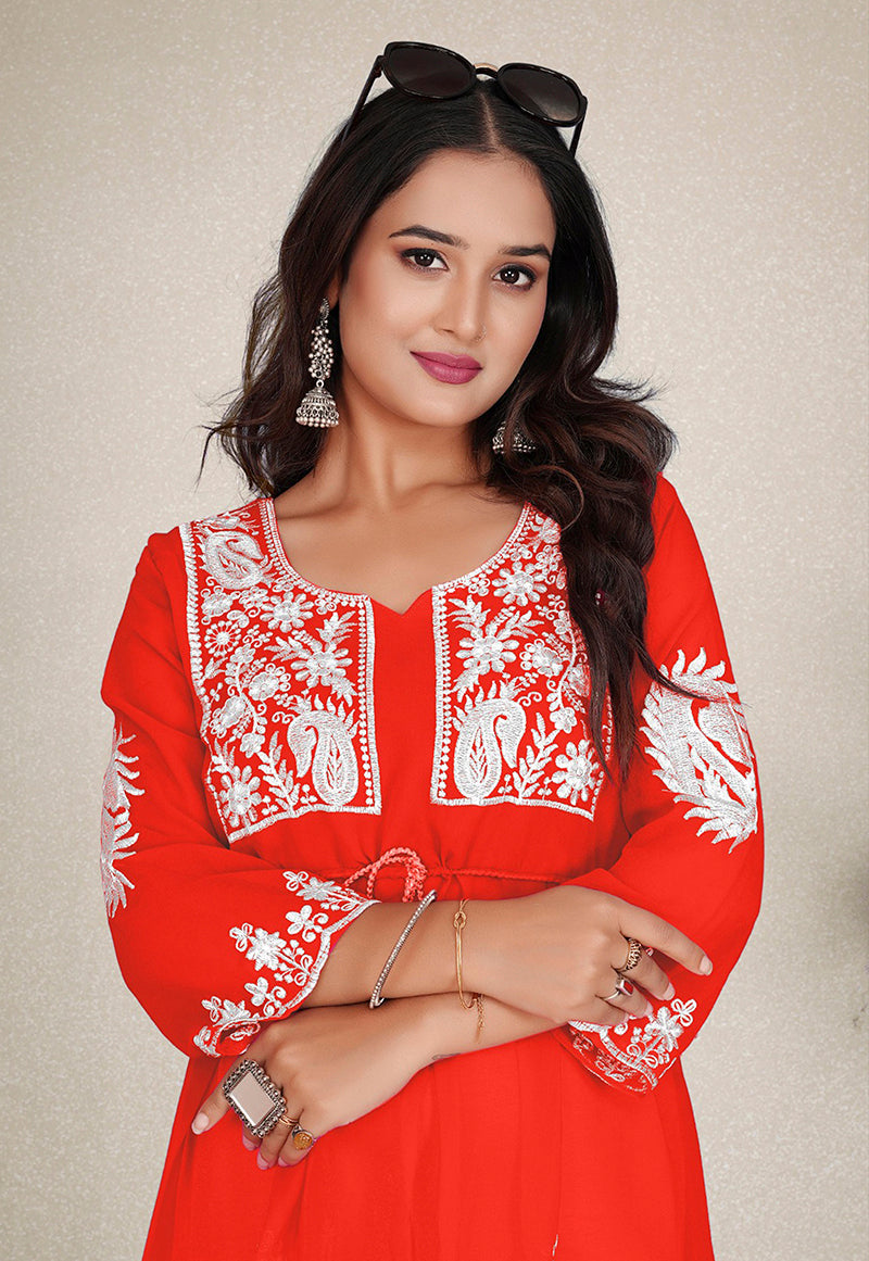 Monjolika Fashion Orange Colour Embroidered Georgette Casual Kurti - Distacart