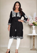 Monjolika Fashion Black Colour Embroidered Georgette Casual Kurti - Distacart