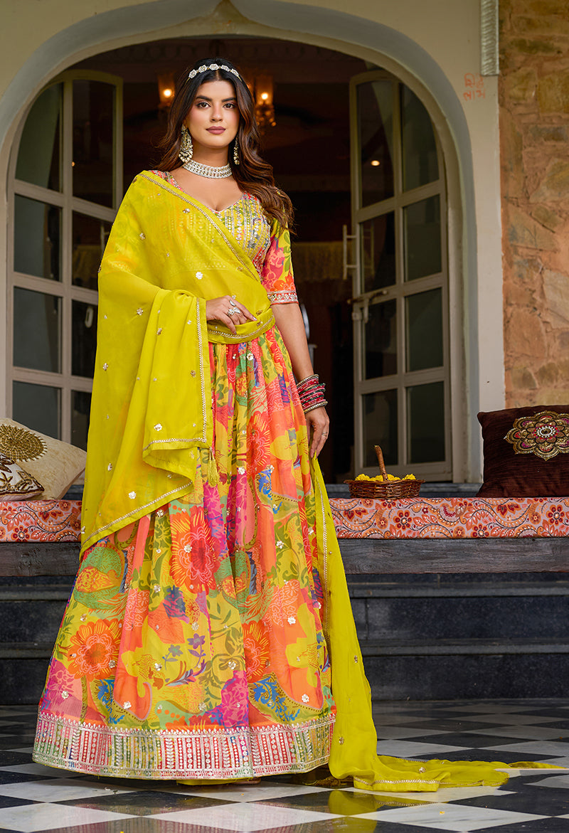 Monjolika Fashion Print Art Silk Designer Lehenga Choli In Multi Colour
