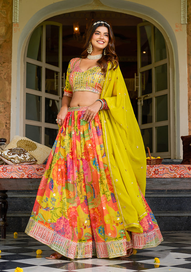Monjolika Fashion Print Art Silk Designer Lehenga Choli In Multi Colour