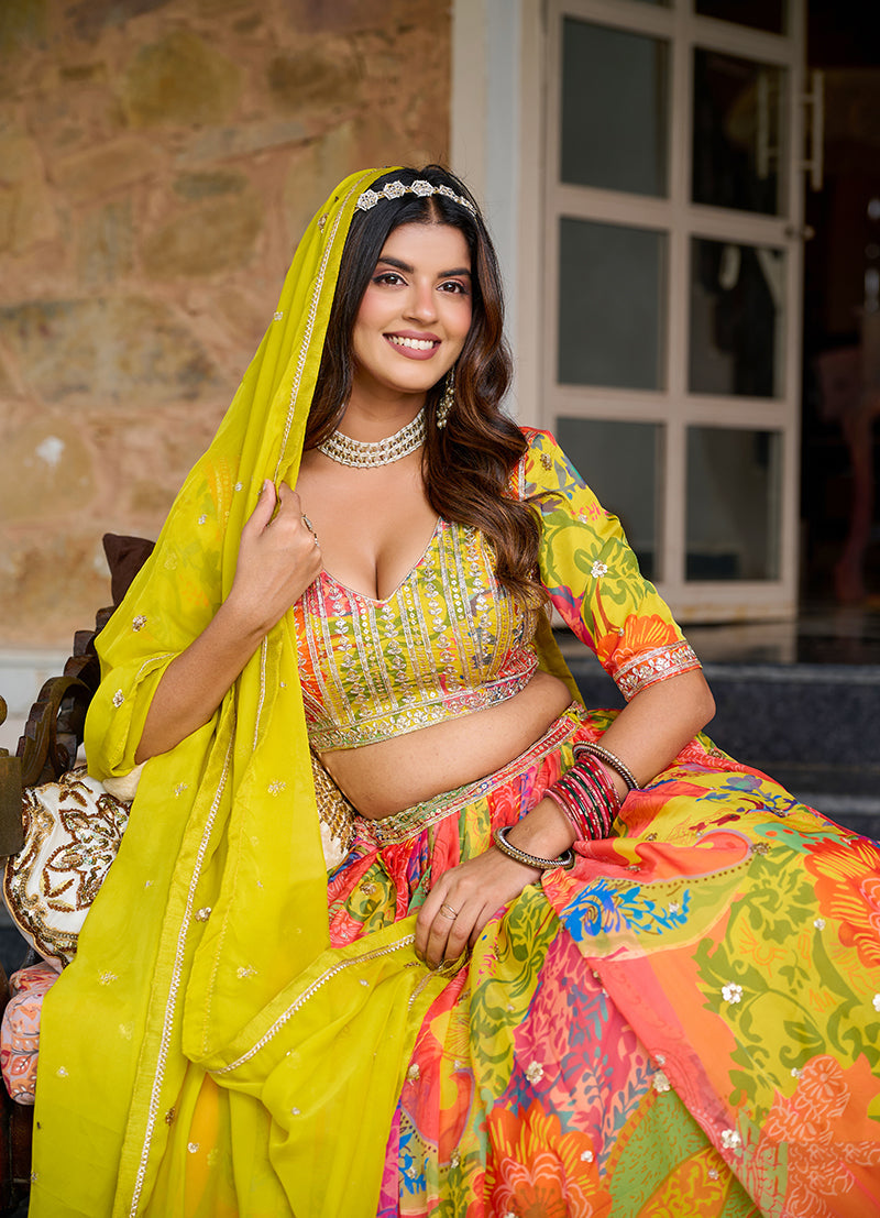Monjolika Fashion Print Art Silk Designer Lehenga Choli In Multi Colour
