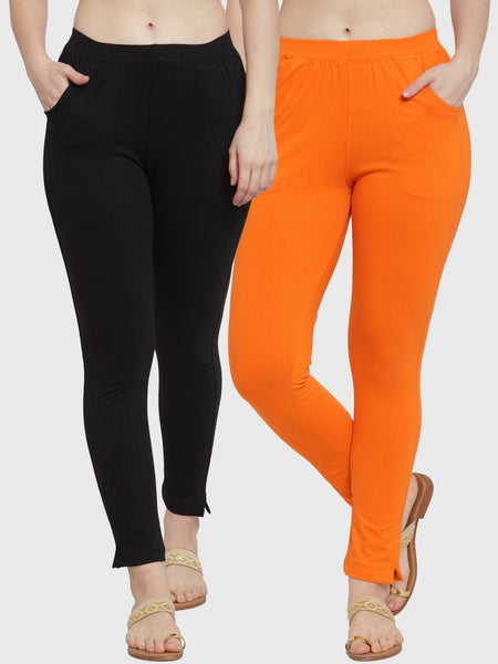 TAG 7 Women Pack Of 2 Orange & Black Solid Straight-Fit Ankle-Length Leggings