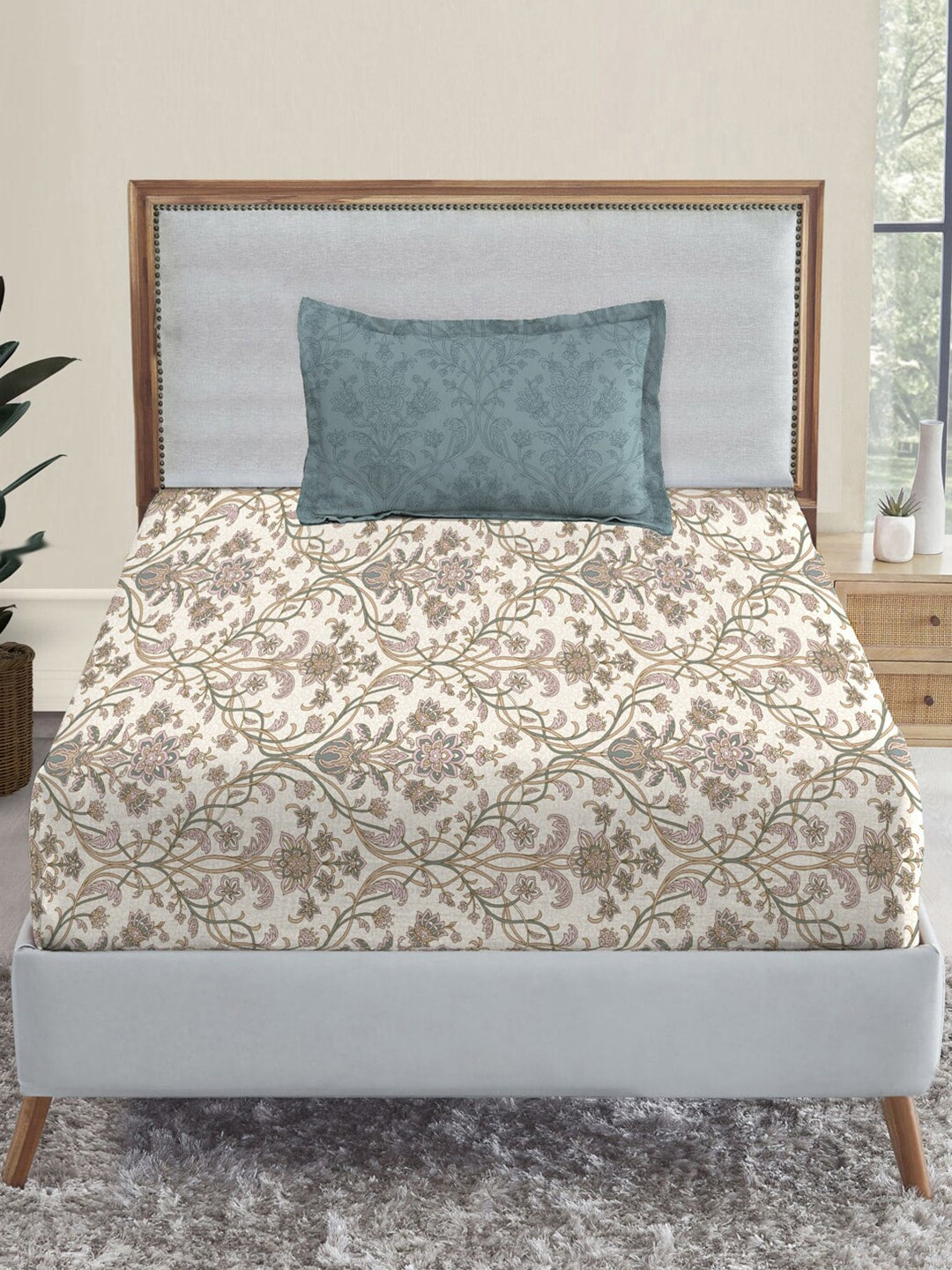 MYTRIDENT Dusk and Dawn Beige Ethnic Motifs Cotton 144 TC Single Bedsheet 1 Pillow Cover