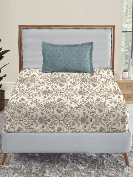 MYTRIDENT Dusk and Dawn Beige Ethnic Motifs Cotton 144 TC Single Bedsheet 1 Pillow Cover