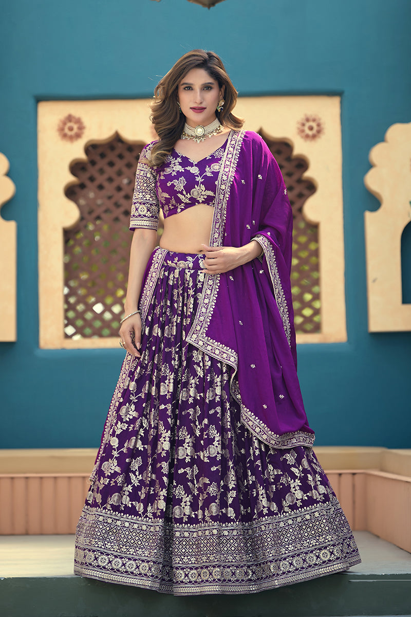Monjolika Fashion Purple Embroidered Dola Silk Jacquard Designer Long Lehenga Choli