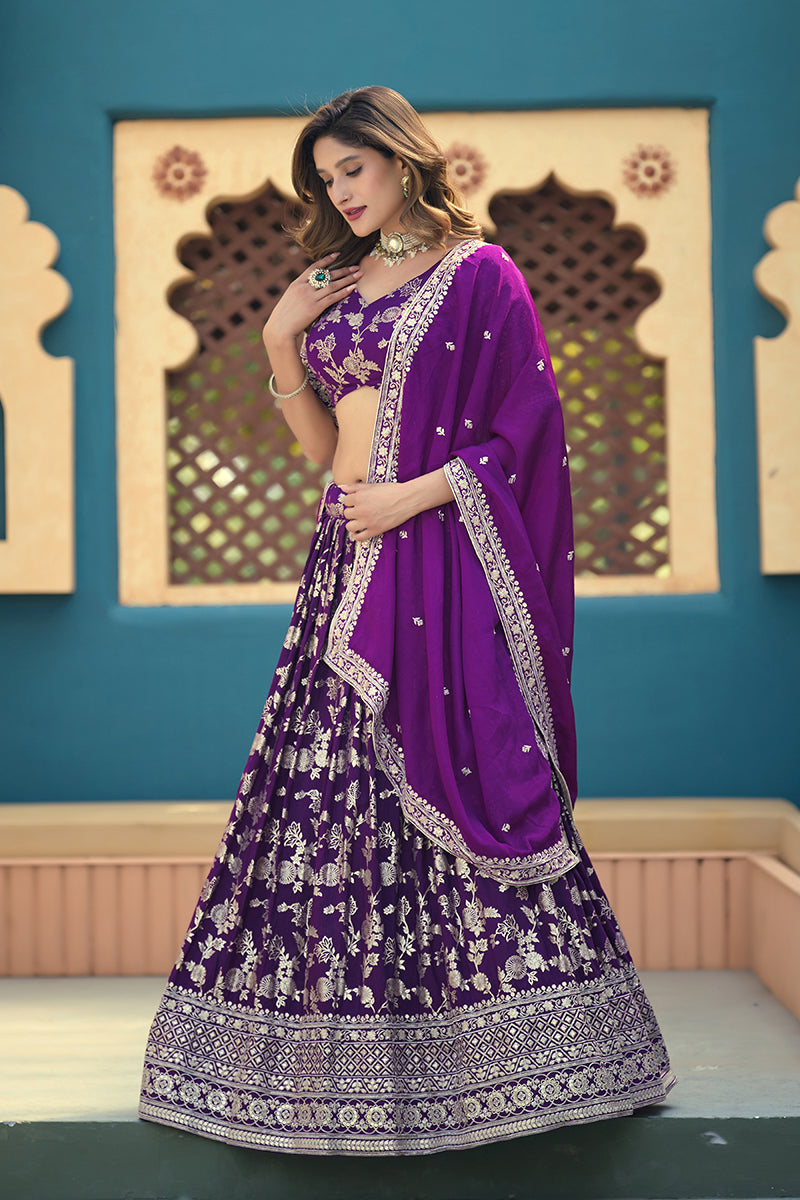 Monjolika Fashion Purple Embroidered Dola Silk Jacquard Designer Long Lehenga Choli
