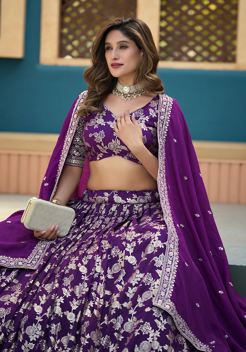 Monjolika Fashion Purple Embroidered Dola Silk Jacquard Designer Long Lehenga Choli