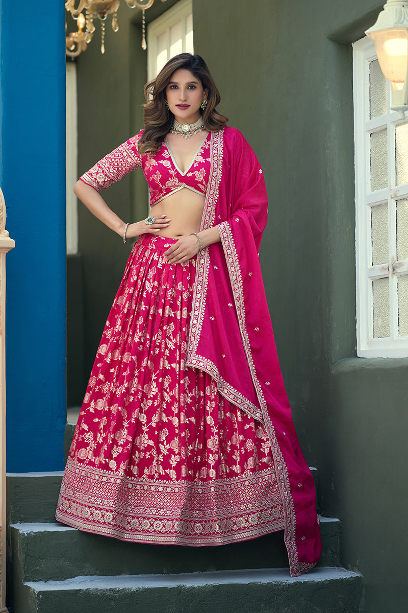 Monjolika Fashion Rani Pink Embroidered Dola Silk Jacquard Designer Long Lehenga Choli - Distacart
