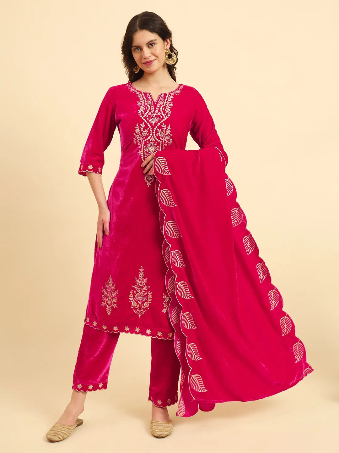Yufta Pink Velvet Kurta Trouser And Dupatta Set With Embroidery - Distacart