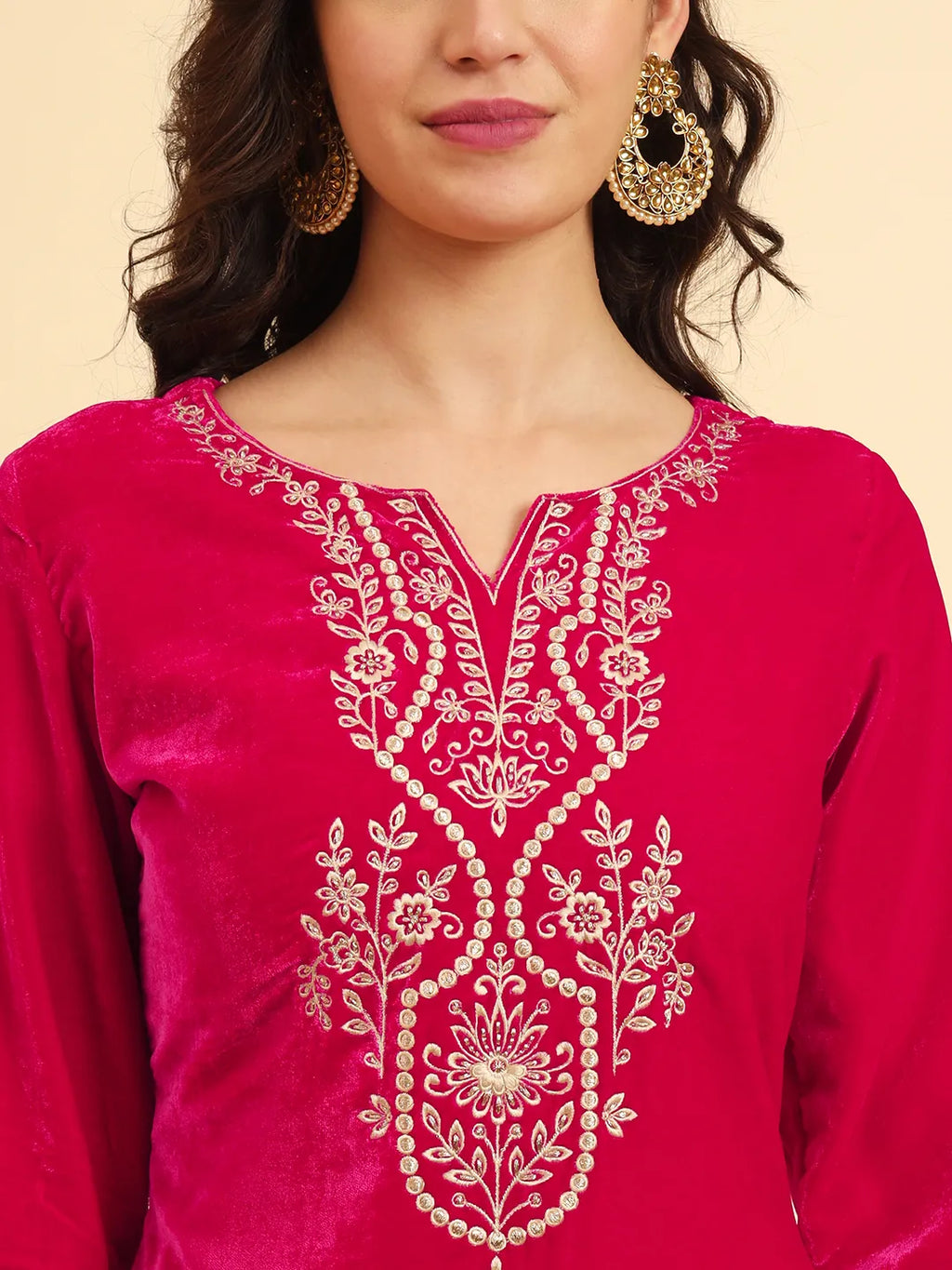 Yufta Pink Velvet Kurta Trouser And Dupatta Set With Embroidery - Distacart