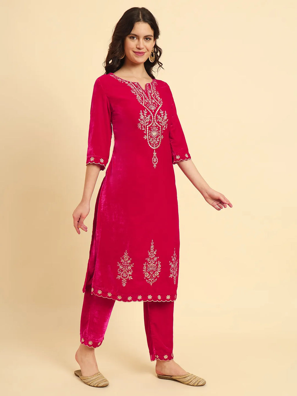 Yufta Pink Velvet Kurta Trouser And Dupatta Set With Embroidery - Distacart