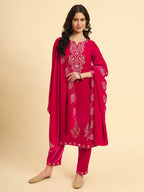 Yufta Pink Velvet Kurta Trouser And Dupatta Set With Embroidery - Distacart