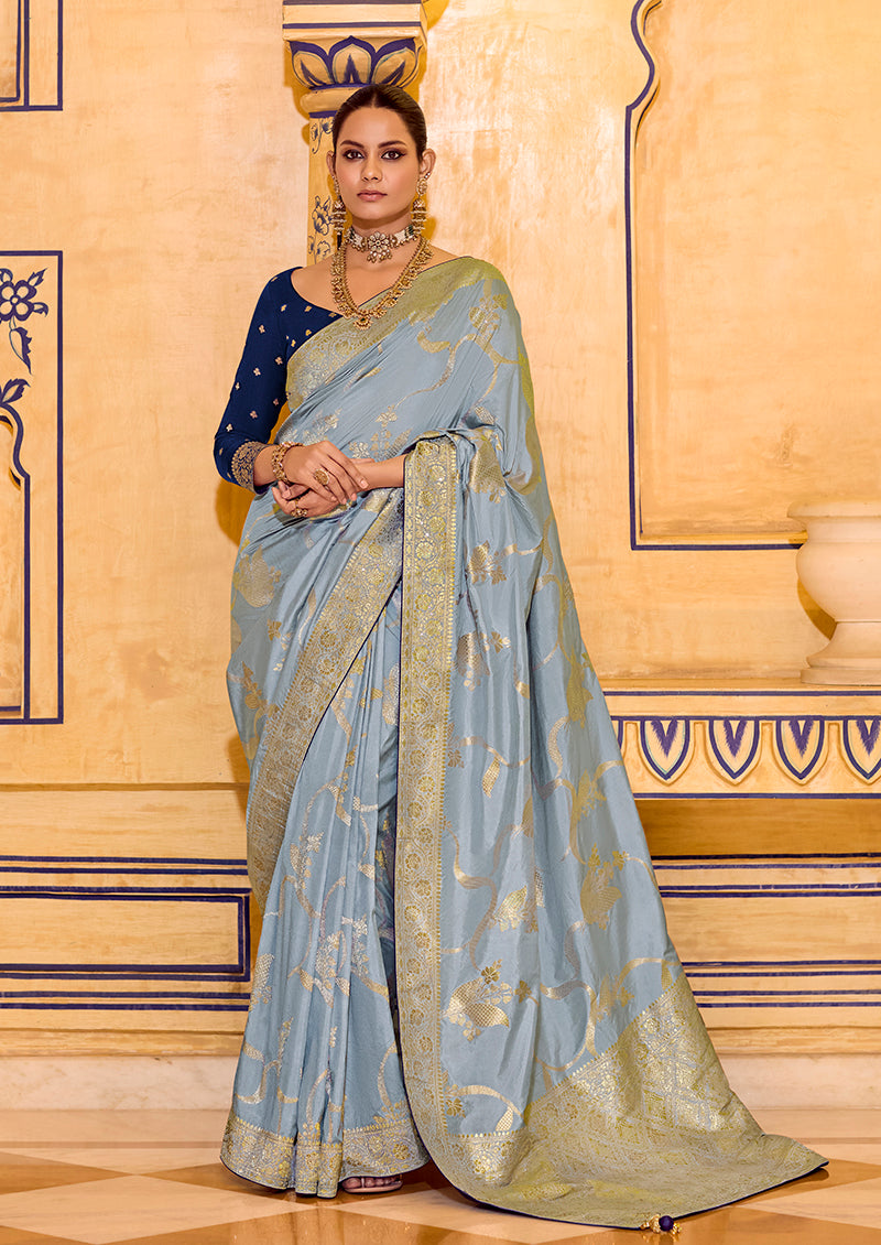 Monjolika Fashion Light Blue Faux Crepe Silk with beautiful Zari Weaving Work Classic Saree - Distacart