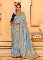 Monjolika Fashion Light Blue Faux Crepe Silk with beautiful Zari Weaving Work Classic Saree - Distacart
