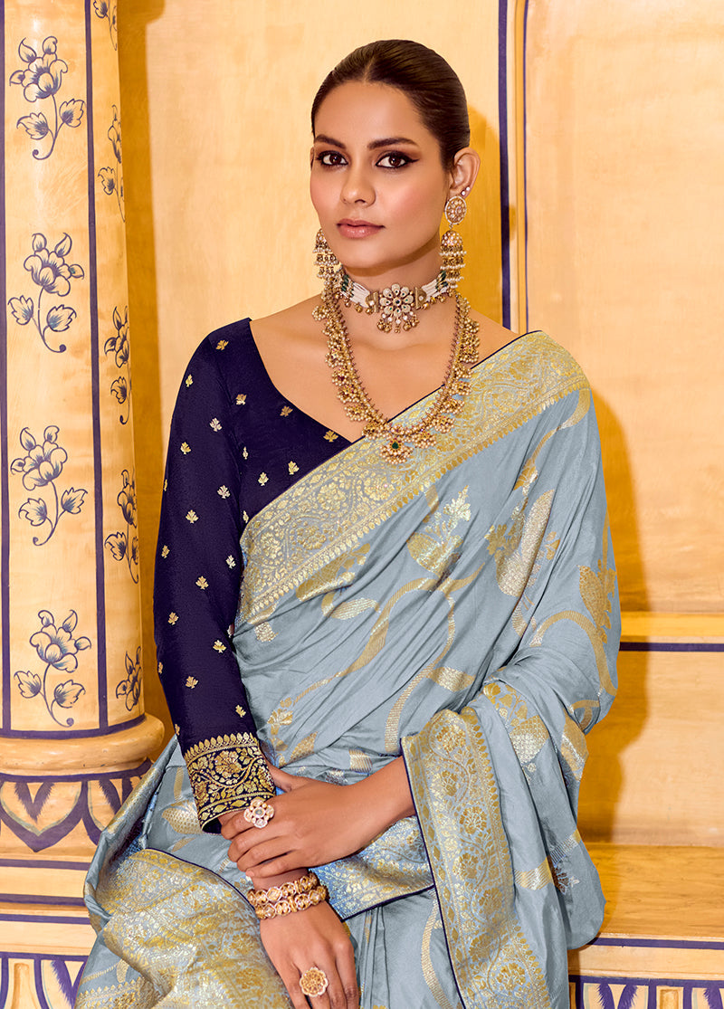 Monjolika Fashion Light Blue Faux Crepe Silk with beautiful Zari Weaving Work Classic Saree - Distacart