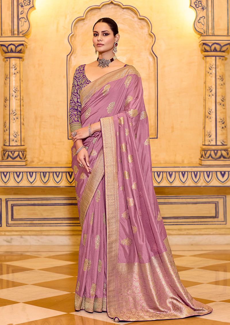 Monjolika Fashion Onion Pink Faux Crepe Silk with beautiful Zari Weaving Work Classic Saree - Distacart