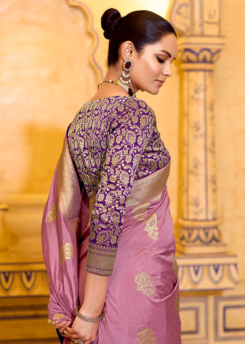 Monjolika Fashion Onion Pink Faux Crepe Silk with beautiful Zari Weaving Work Classic Saree - Distacart