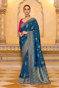 Monjolika Fashion Teal Blue Faux Crepe Silk with beautiful Zari Weaving Work Classic Saree - Distacart