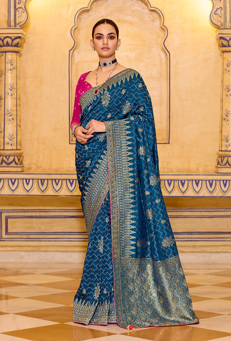 Monjolika Fashion Teal Blue Faux Crepe Silk with beautiful Zari Weaving Work Classic Saree