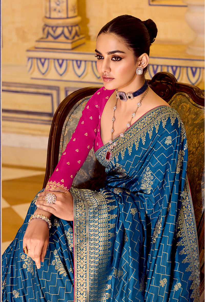 Monjolika Fashion Teal Blue Faux Crepe Silk with beautiful Zari Weaving Work Classic Saree - Distacart