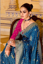 Monjolika Fashion Teal Blue Faux Crepe Silk with beautiful Zari Weaving Work Classic Saree - Distacart