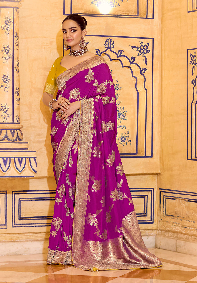 Monjolika Fashion Magenta Faux Crepe Silk with beautiful Zari Weaving Work Classic Saree - Distacart