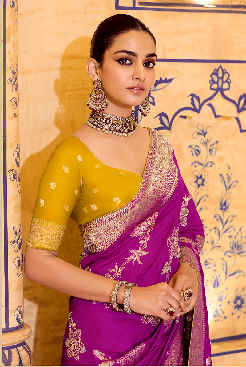 Monjolika Fashion Magenta Faux Crepe Silk with beautiful Zari Weaving Work Classic Saree - Distacart