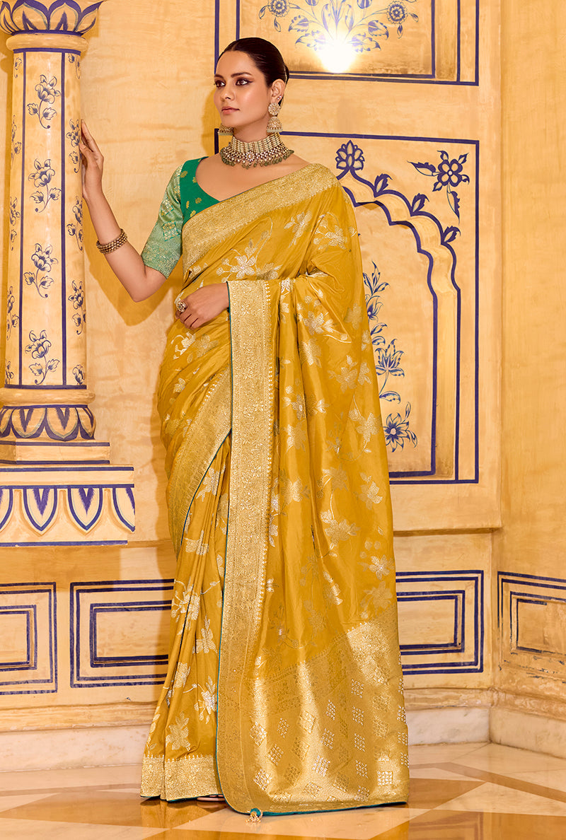 Monjolika Fashion Mustard Faux Crepe Silk with beautiful Zari Weaving Work Classic Saree - Distacart