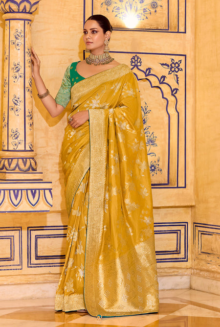 Monjolika Fashion Mustard Faux Crepe Silk with beautiful Zari Weaving Work Classic Saree