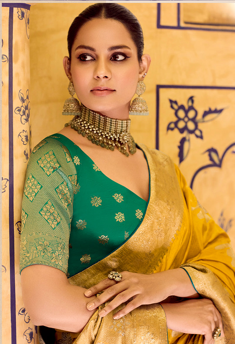 Monjolika Fashion Mustard Faux Crepe Silk with beautiful Zari Weaving Work Classic Saree - Distacart