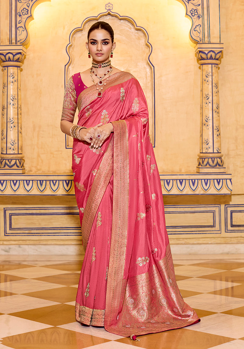 Monjolika Fashion Dark Peach Faux Crepe Silk with beautiful Zari Weaving Work Classic Saree - Distacart