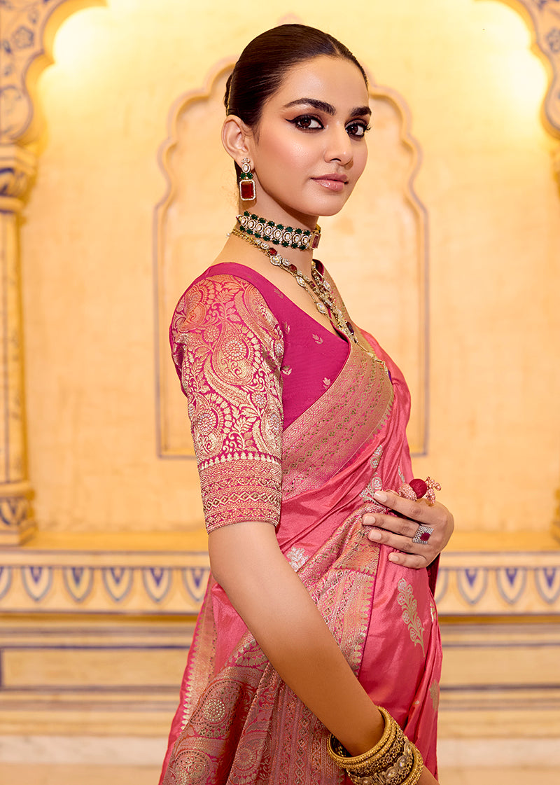 Monjolika Fashion Dark Peach Faux Crepe Silk with beautiful Zari Weaving Work Classic Saree - Distacart