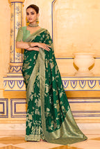 Monjolika Fashion Dark Green Faux Crepe Silk with beautiful Zari Weaving Work Classic Saree - Distacart
