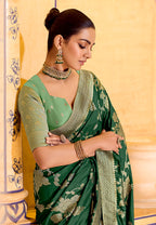 Monjolika Fashion Dark Green Faux Crepe Silk with beautiful Zari Weaving Work Classic Saree - Distacart