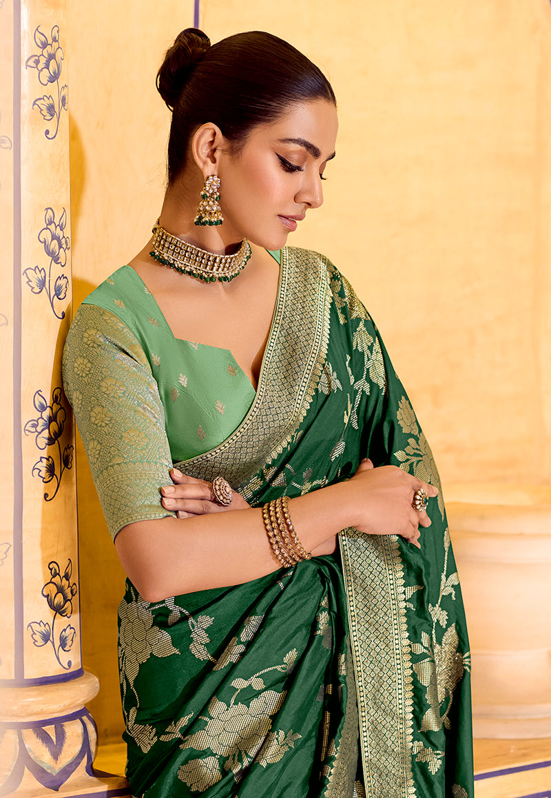 Monjolika Fashion Dark Green Faux Crepe Silk with beautiful Zari Weaving Work Classic Saree - Distacart