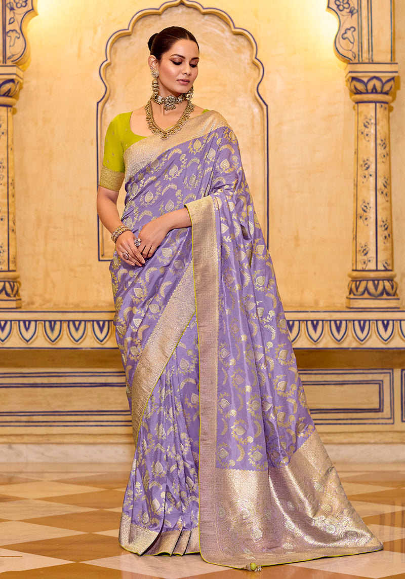 Monjolika Fashion Lavender Faux Crepe Silk with beautiful Zari Weaving Work Classic Saree - Distacart