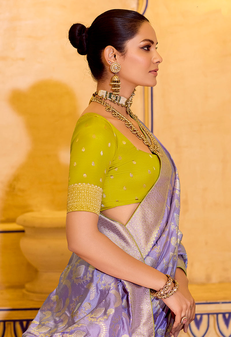 Monjolika Fashion Lavender Faux Crepe Silk with beautiful Zari Weaving Work Classic Saree - Distacart