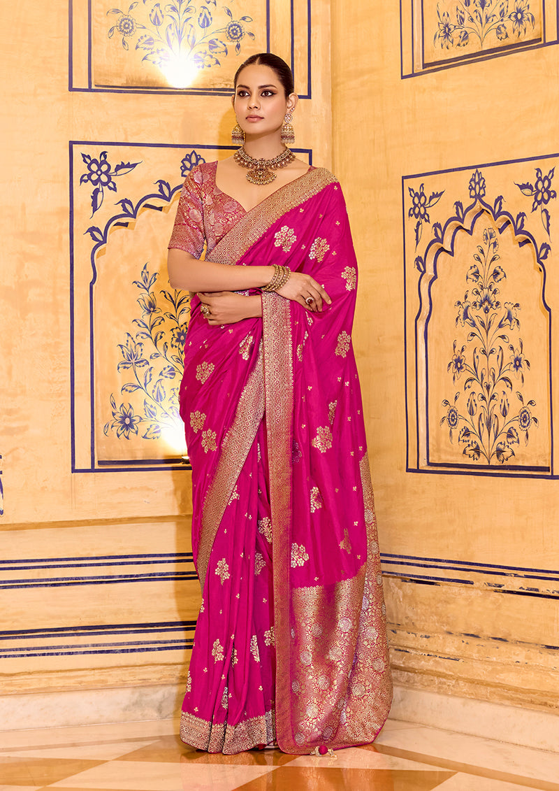 Monjolika Fashion Rani Pink Faux Crepe Silk with beautiful Zari Weaving Work Classic Saree - Distacart