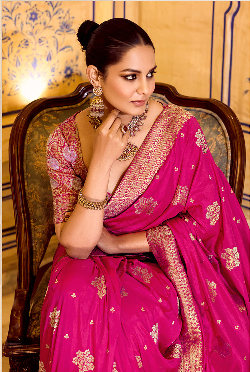 Monjolika Fashion Rani Pink Faux Crepe Silk with beautiful Zari Weaving Work Classic Saree - Distacart