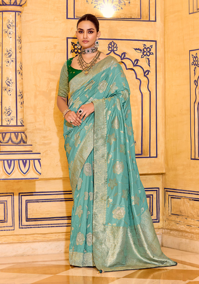 Monjolika Fashion Sea Green Faux Crepe Silk with beautiful Zari Weaving Work Classic Saree - Distacart