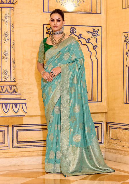Monjolika Fashion Sea Green Faux Crepe Silk with beautiful Zari Weaving Work Classic Saree