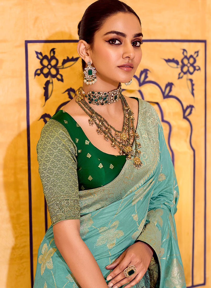 Monjolika Fashion Sea Green Faux Crepe Silk with beautiful Zari Weaving Work Classic Saree - Distacart