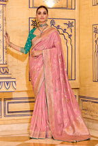 Monjolika Fashion Baby Pink Faux Crepe Silk with beautiful Zari Weaving Work Classic Saree - Distacart