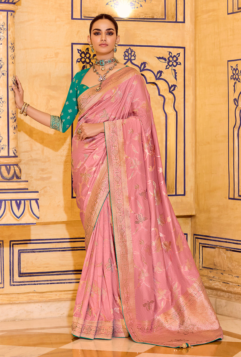 Monjolika Fashion Baby Pink Faux Crepe Silk with beautiful Zari Weaving Work Classic Saree - Distacart