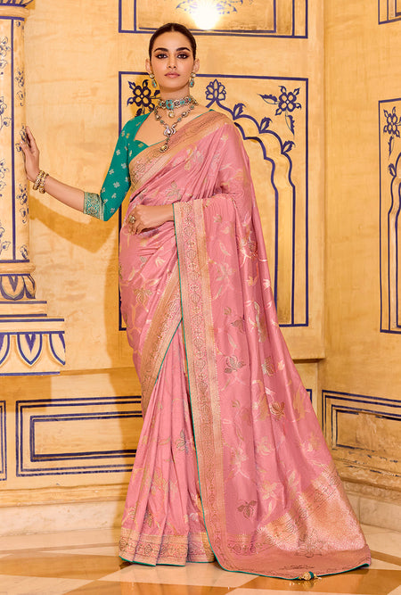 Monjolika Fashion Baby Pink Faux Crepe Silk with beautiful Zari Weaving Work Classic Saree